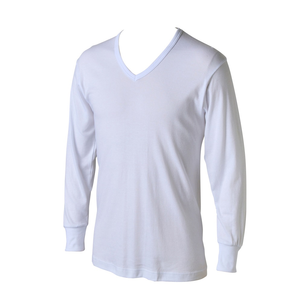 9分袖Vネックシャツ オーガニックコットン100％（身生地） フライス編み メンズ(シロ-2XL)