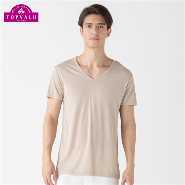 半袖Vネックシャツ COOL強力抗菌 メンズ トップバリュ PEACE FIT(ピースフィット)(ベ－ジュ-L)