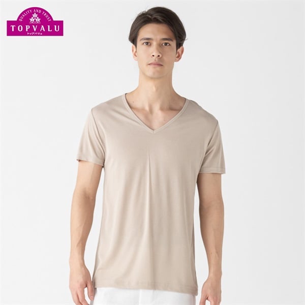 半袖Vネックシャツ COOL強力抗菌 メンズ トップバリュ PEACE FIT(ピースフィット)(ベ－ジュ-XL)