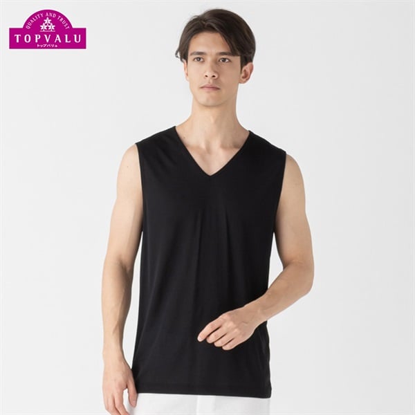 スリーブレスVネックシャツ COOL強力抗菌 メンズ トップバリュ PEACE FIT(ピースフィット)(クロ-M)