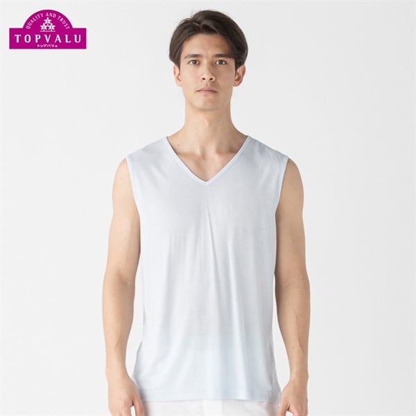 スリーブレスVネックシャツ COOL強力抗菌 メンズ トップバリュ PEACE FIT(ピースフィット)(Ａウスアオ-L)