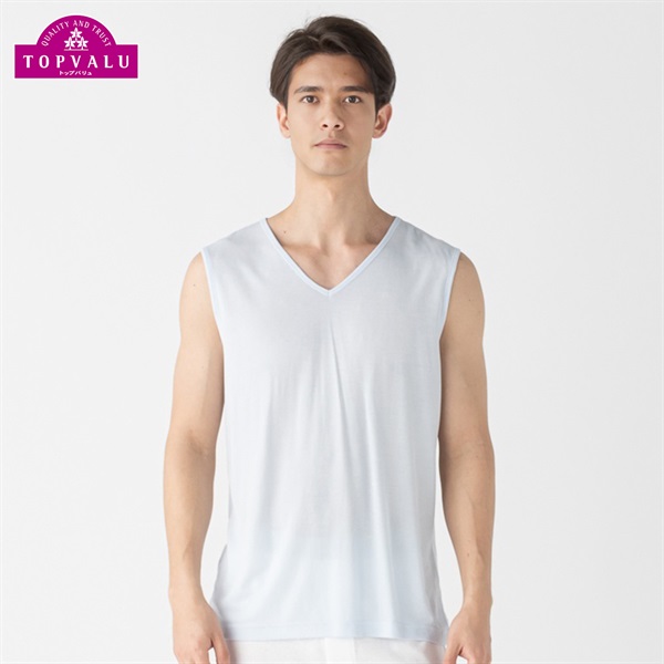 スリーブレスVネックシャツ COOL強力抗菌 メンズ トップバリュ PEACE FIT(ピースフィット)(Ａウスアオ-XL)