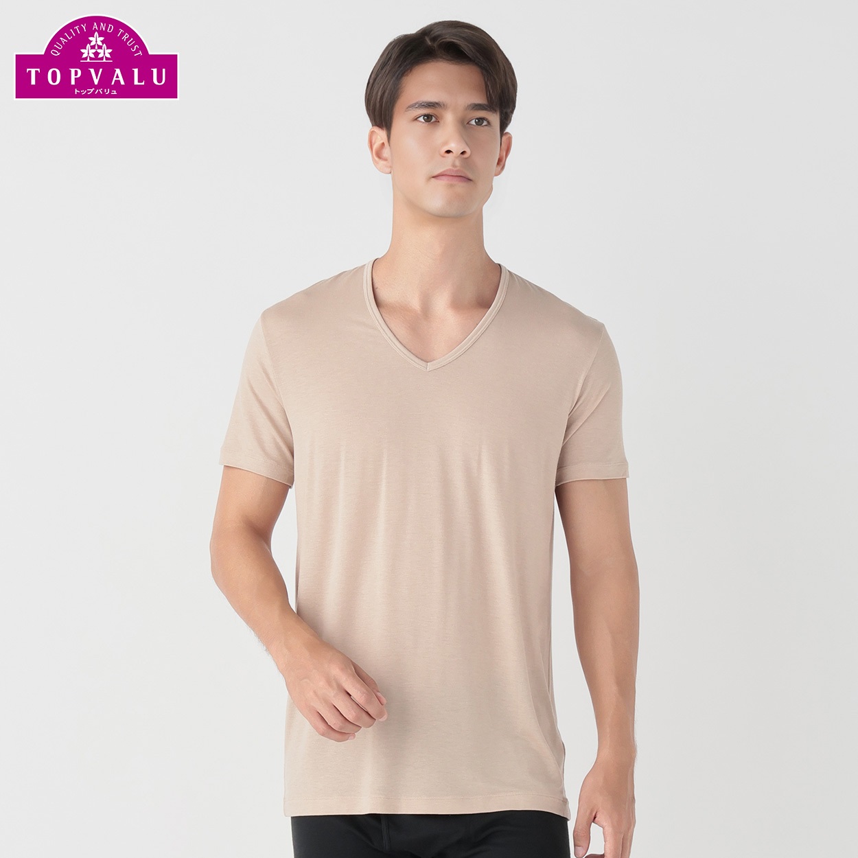 WARM 半袖Vネックシャツ メンズ トップバリュ PEACE FIT(ピースフィット)(ベ－ジュ-3XL)