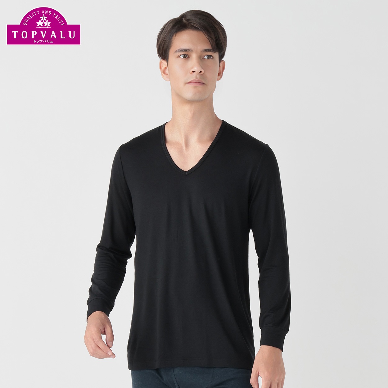 WARM 9分袖Vネックシャツ メンズ トップバリュ PEACE FIT(ピースフィット)(クロ-L)