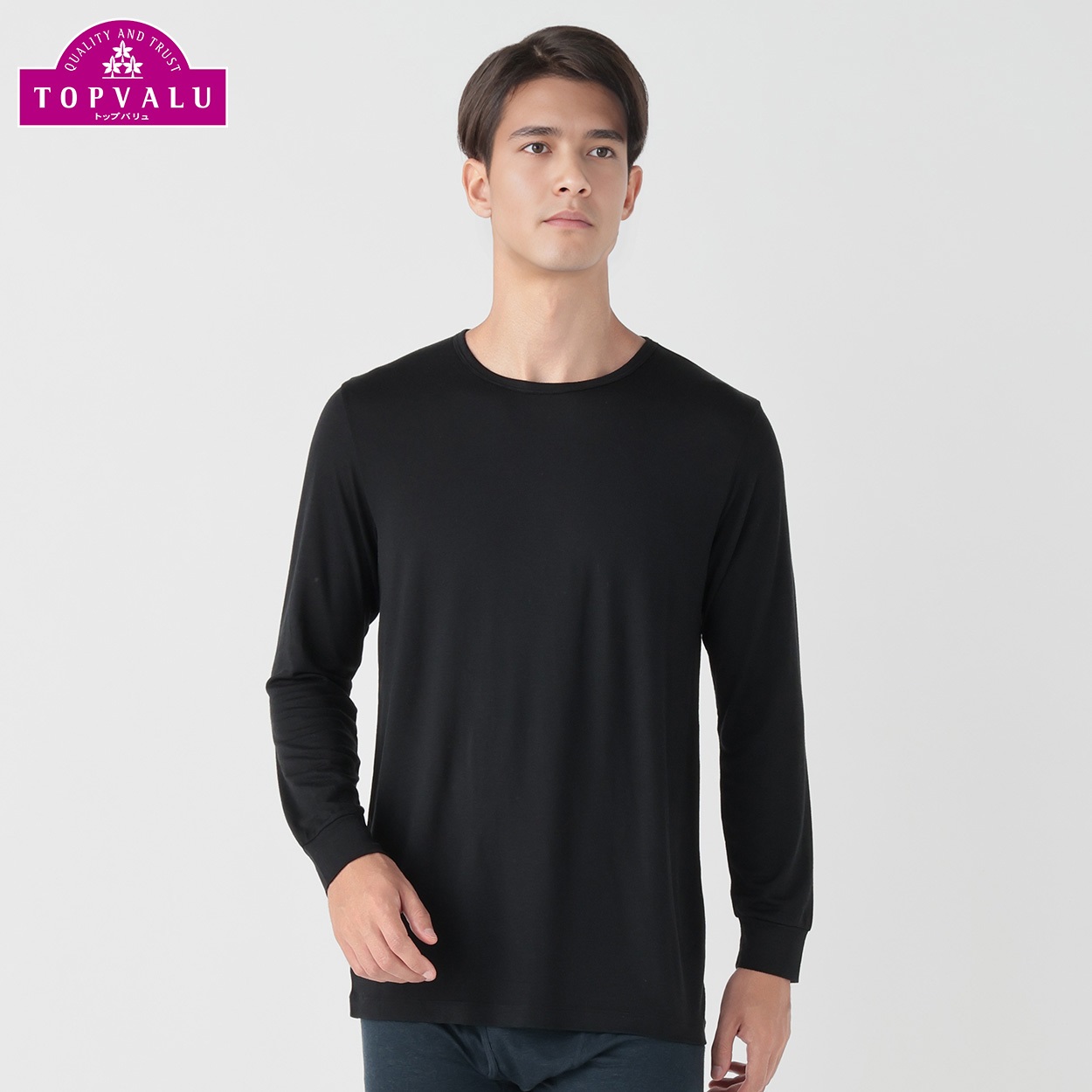 WARM 9分袖クルーネックシャツ メンズ トップバリュ PEACE FIT(ピースフィット)(クロ-3XL)