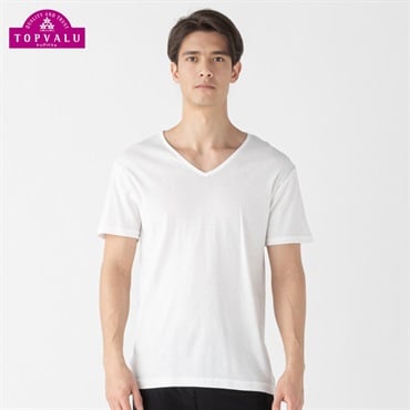 半袖Vネックシャツ COOLコットン メンズ トップバリュ PEACE FIT(ピースフィット)(シロ-L)