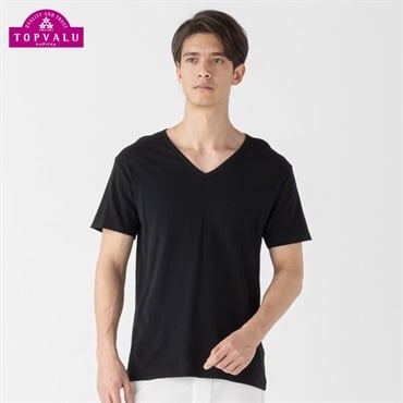 半袖Vネックシャツ COOLコットン メンズ トップバリュ PEACE FIT(ピースフィット)(クロ-M)