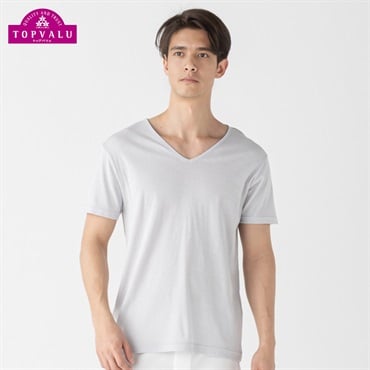 半袖Vネックシャツ COOLコットン メンズ トップバリュ PEACE FIT(ピースフィット)(グレー-L)