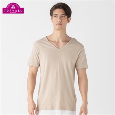 半袖Vネックシャツ COOLコットン メンズ トップバリュ PEACE FIT(ピースフィット)(ベ－ジュ-2XL)