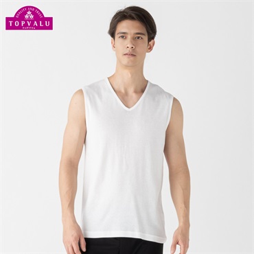 スリーブレスVネックシャツ COOLコットン メンズ トップバリュ PEACE FIT(ピースフィット)(シロ-M)