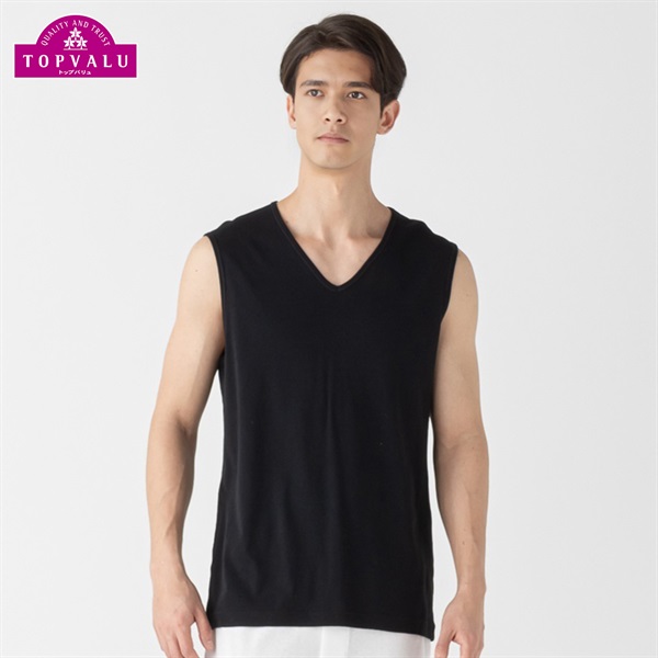 スリーブレスVネックシャツ COOLコットン メンズ トップバリュ PEACE FIT(ピースフィット)(クロ-XL)