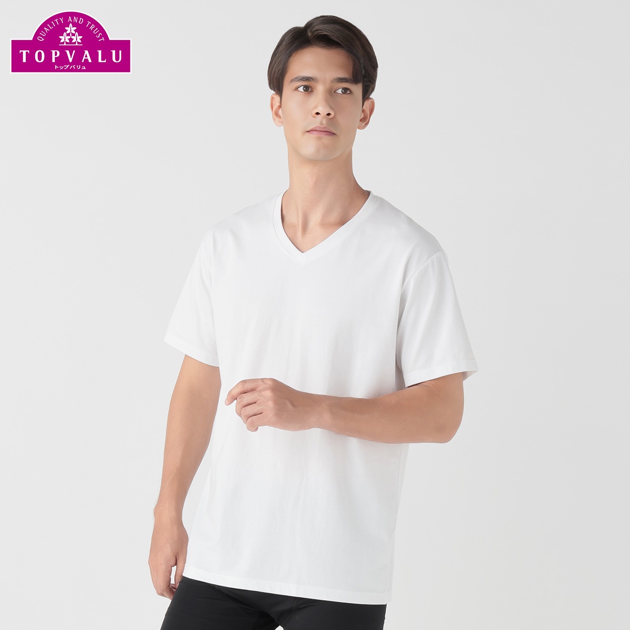 SilkyFACTコットン半袖Vシャツ メンズ トップバリュ PEACE FIT(ピースフィット) (hk)(シロ-M)