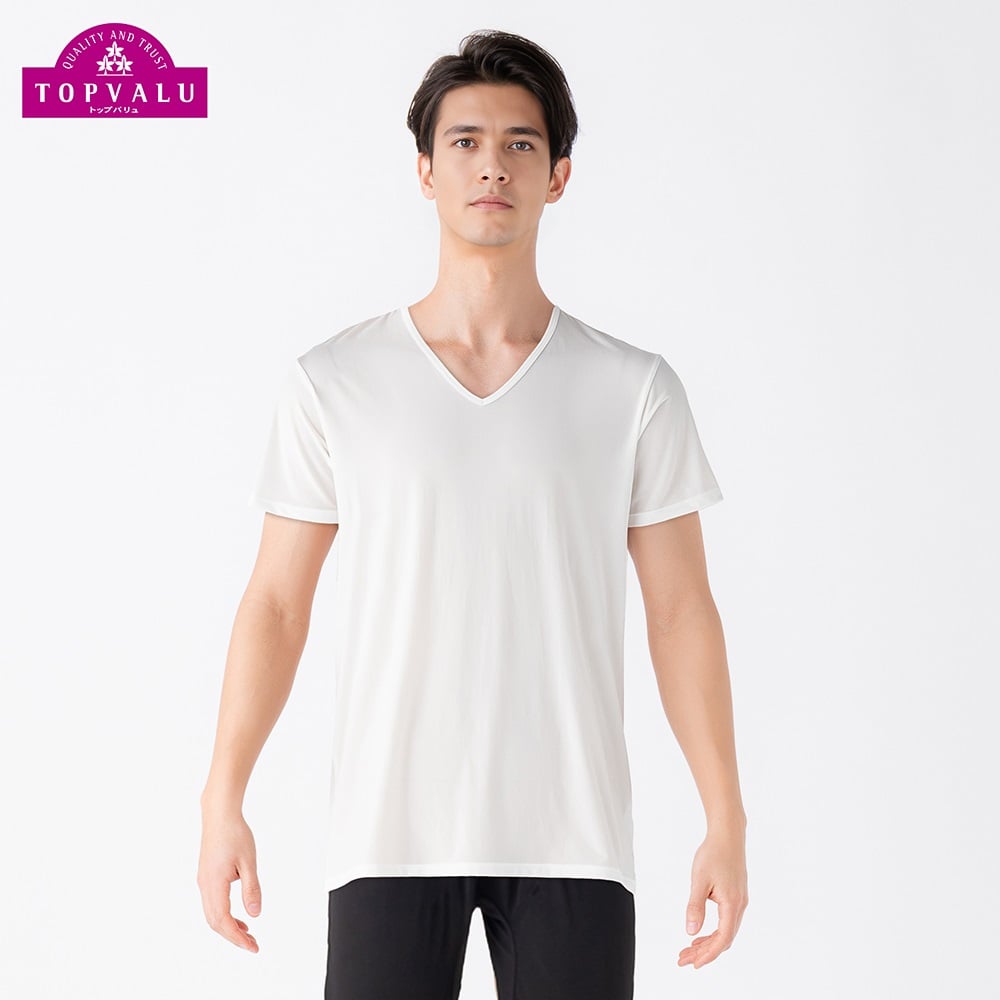 COOL強力接触冷感 半袖Vネックシャツ  メンズ トップバリュ PEACE FIT(ピースフィット)(シロ-XL)