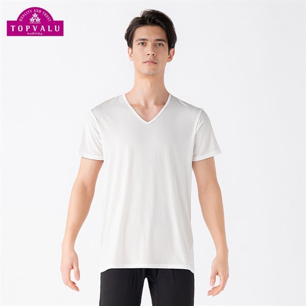 COOL強力接触冷感 半袖Vネックシャツ  メンズ トップバリュ PEACE FIT(ピースフィット)(シロ-4XL)