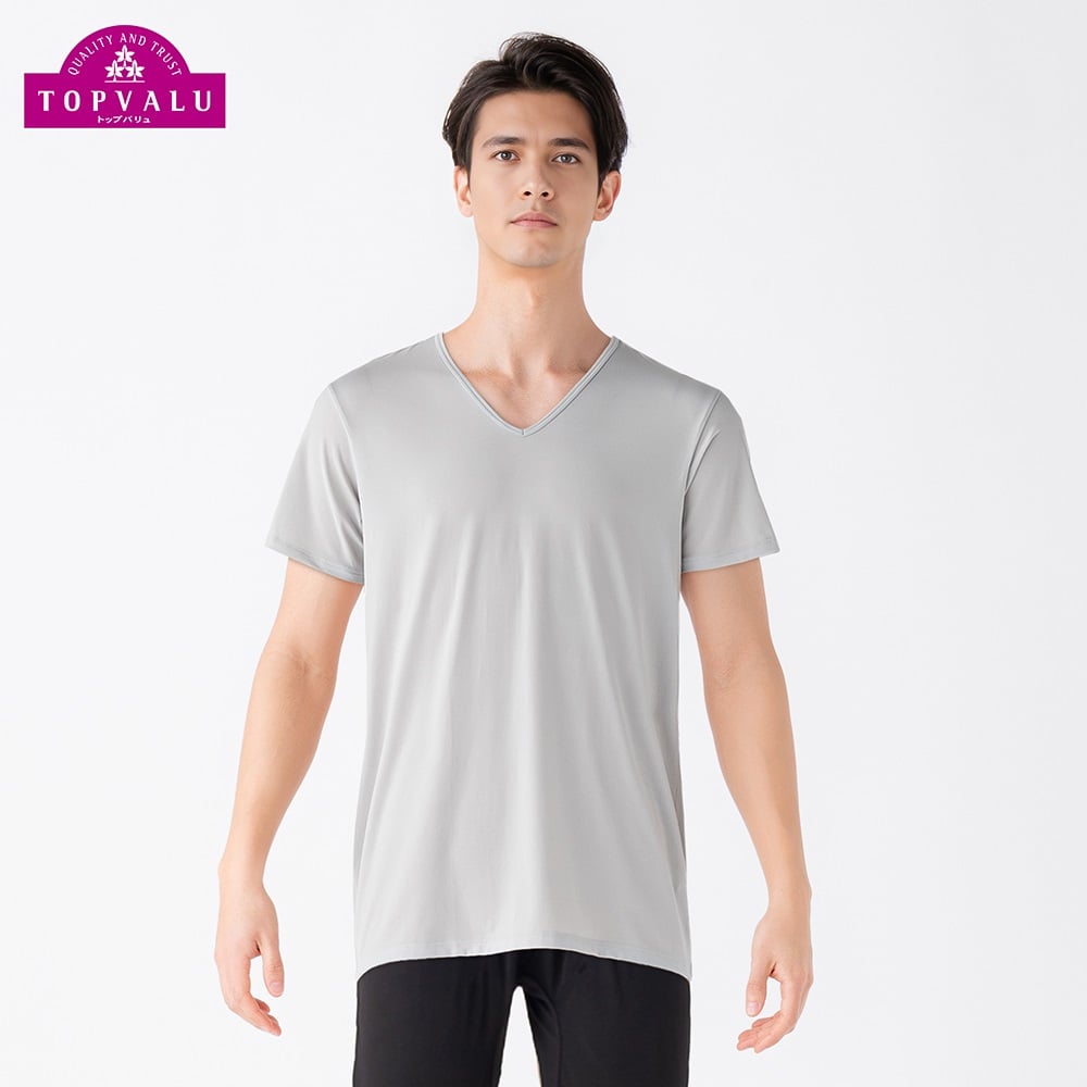 COOL強力接触冷感 半袖Vネックシャツ  メンズ トップバリュ PEACE FIT(ピースフィット)(グレー-M)