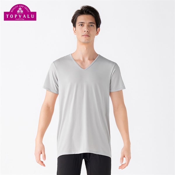 COOL強力接触冷感 半袖Vネックシャツ  メンズ トップバリュ PEACE FIT(ピースフィット)(グレー-XL)