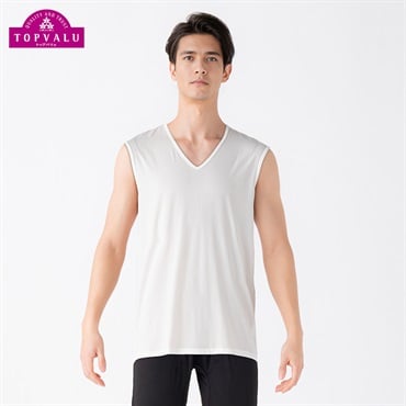 COOL強力接触冷感 スリーブレスVネックシャツ  メンズ トップバリュ PEACE FIT(ピースフィット)(シロ-S)