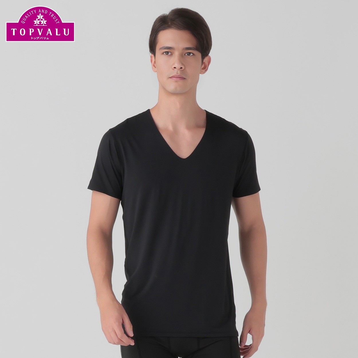 Silky FACT シームレス半袖Vネックシャツ メンズ トップバリュ PEACE FIT(ピースフィット) (hk)(クロ-3XL)