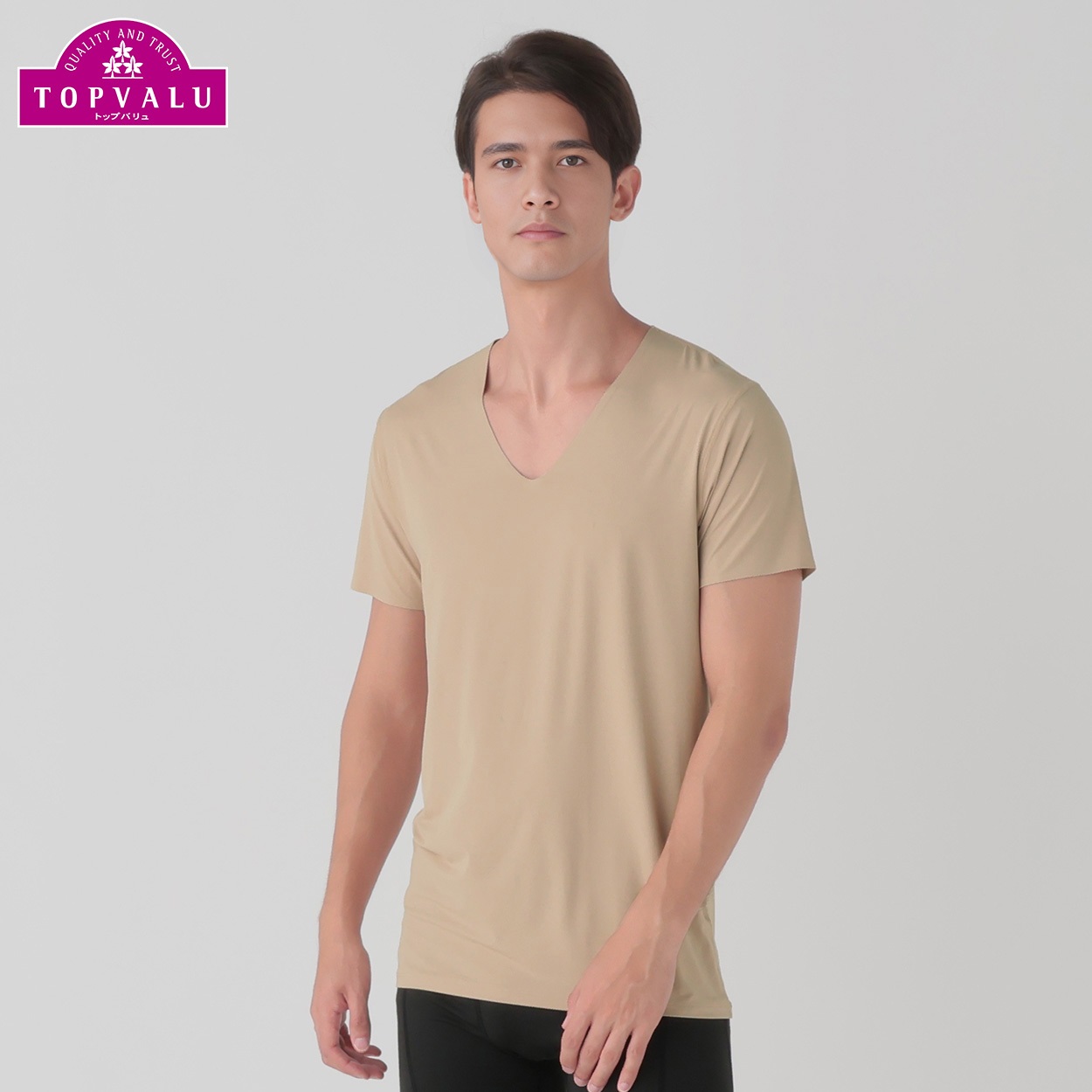 Silky FACT シームレス半袖Vネックシャツ メンズ トップバリュ PEACE FIT(ピースフィット) (hk)(ベ－ジュ-3XL)