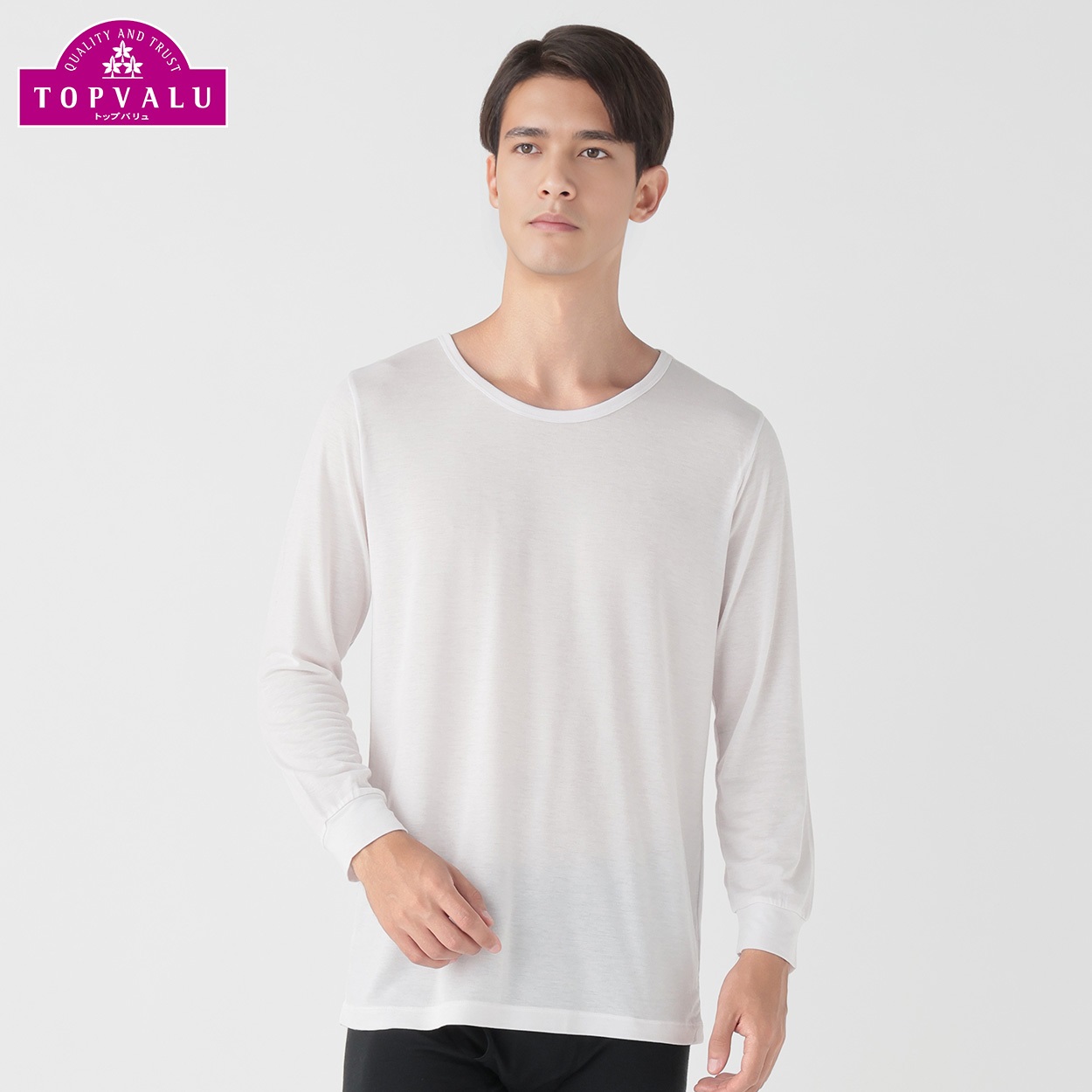 WARM 9分袖ラウンドネックシャツ（衿元広め） メンズ トップバリュ PEACE FIT(ピースフィット)(Ａシロ-4XL)