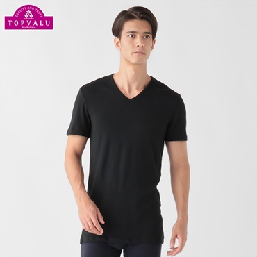 WARMコットン100％ 半袖Vネックシャツ 抗菌防臭 メンズ トップバリュ PEACE FIT(ピースフィット)(クロ-S)