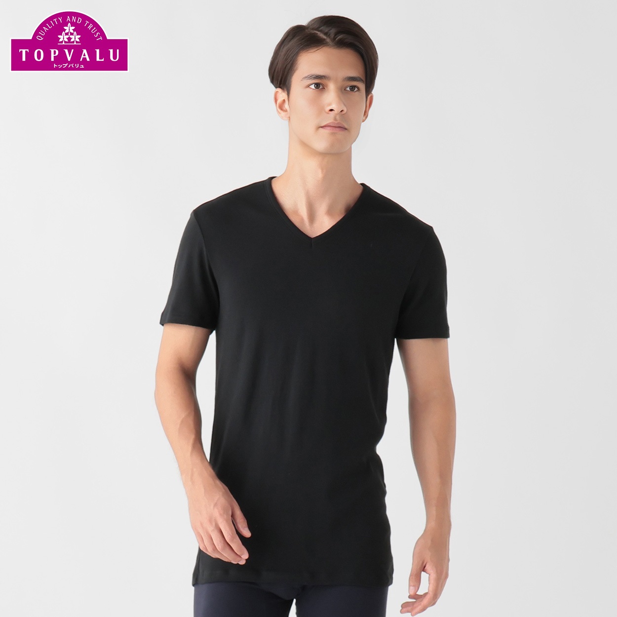 WARMコットン100％ 半袖Vネックシャツ 抗菌防臭 メンズ トップバリュ PEACE FIT(ピースフィット)(クロ-3XL)