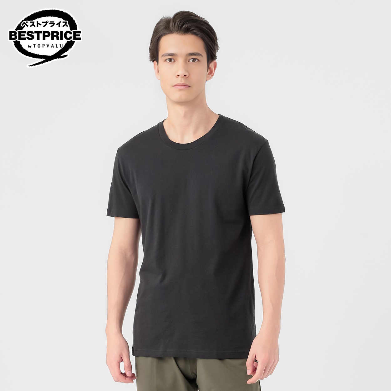 半袖クルーネックTシャツ 天竺編み オーガニックコットンブレンド メンズ トップバリュ ベストプライス(TOPVALU BESTPRICE)(クロ-L)