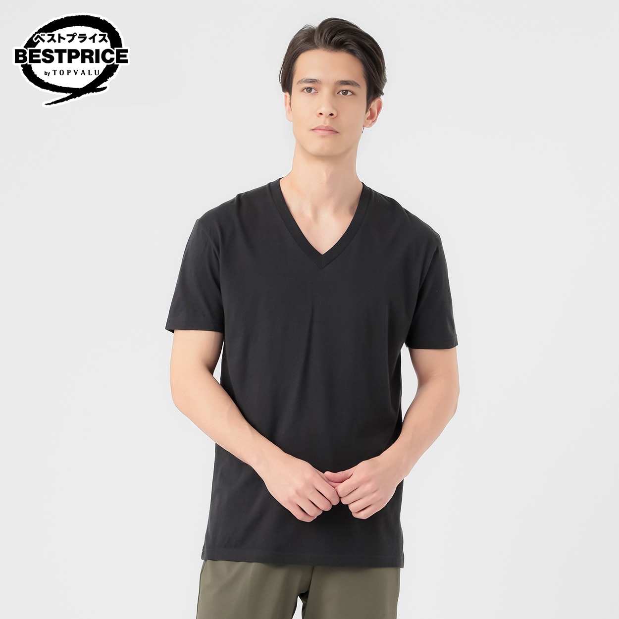 半袖VネックTシャツ 天竺編み オーガニックコットンブレンド メンズ トップバリュ ベストプライス(TOPVALU BESTPRICE)(クロ-2XL)