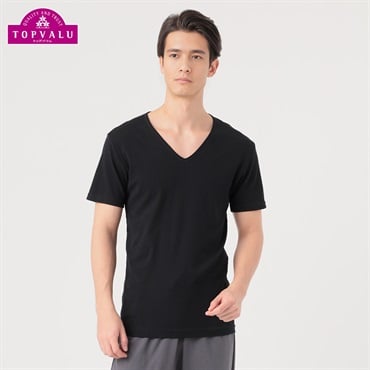 COOLコットン 脇汗取り付き半袖Vネックシャツ  メンズ トップバリュ PEACE FIT(ピースフィット)(クロ-S)