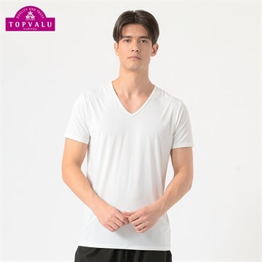 半袖Vネックシャツ COOL強力接触冷感 UV対策 メンズ トップバリュ PEACE FIT(ピースフィット)(シロ-S)