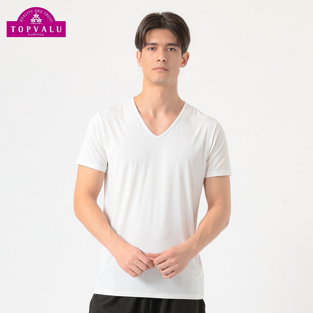 半袖Vネックシャツ COOL強力接触冷感 UV対策 メンズ トップバリュ PEACE FIT(ピースフィット)(シロ-L)
