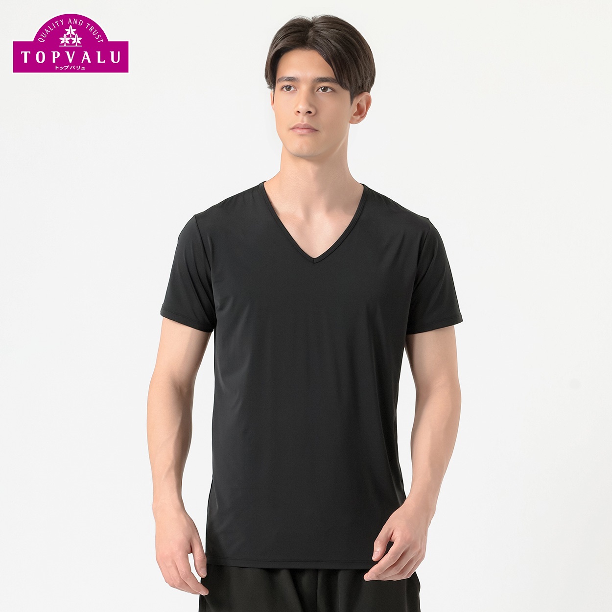 半袖Vネックシャツ COOL強力接触冷感 UV対策 メンズ トップバリュ PEACE FIT(ピースフィット)(クロ-XL)