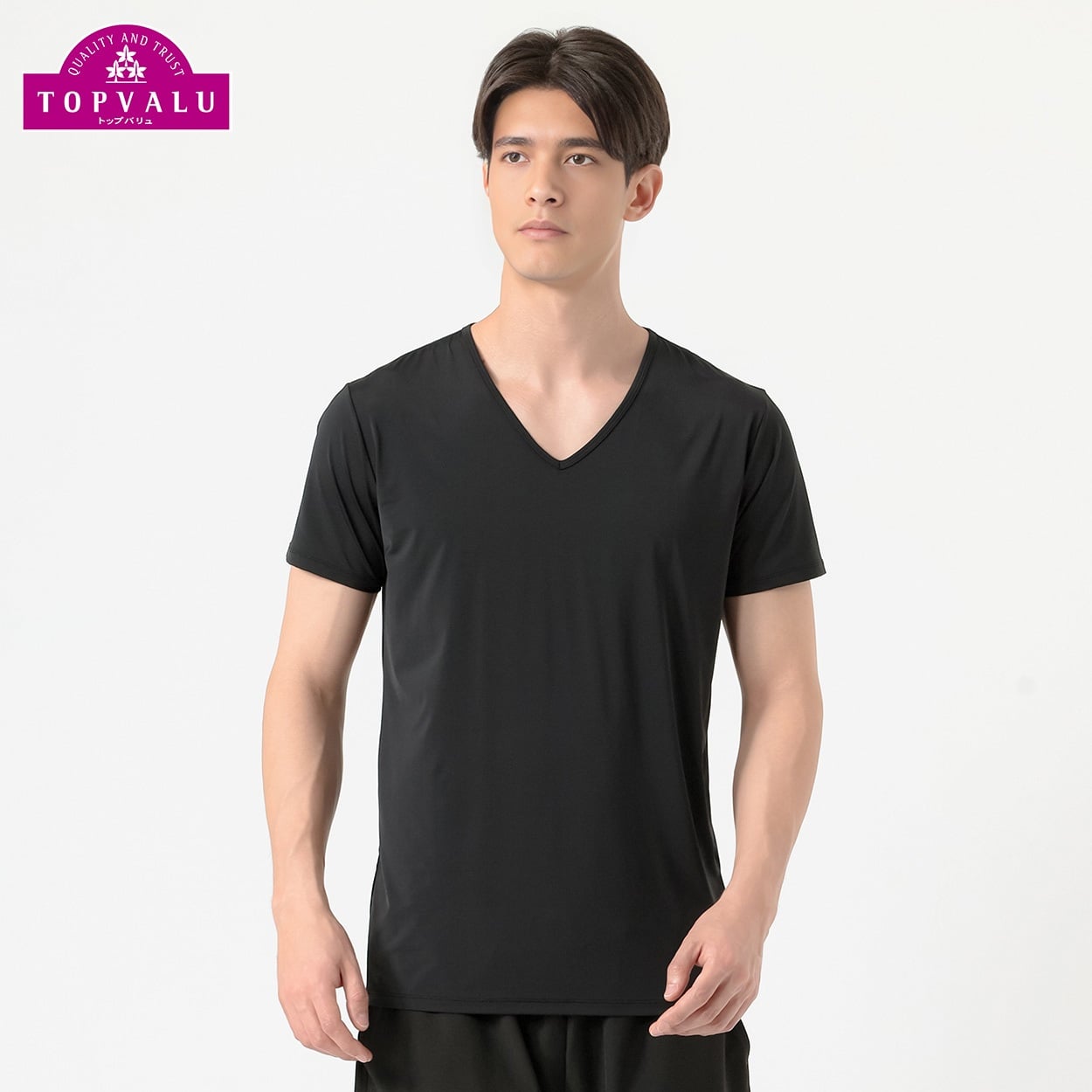 半袖Vネックシャツ COOL強力接触冷感 UV対策 メンズ トップバリュ PEACE FIT(ピースフィット)(クロ-2XL)