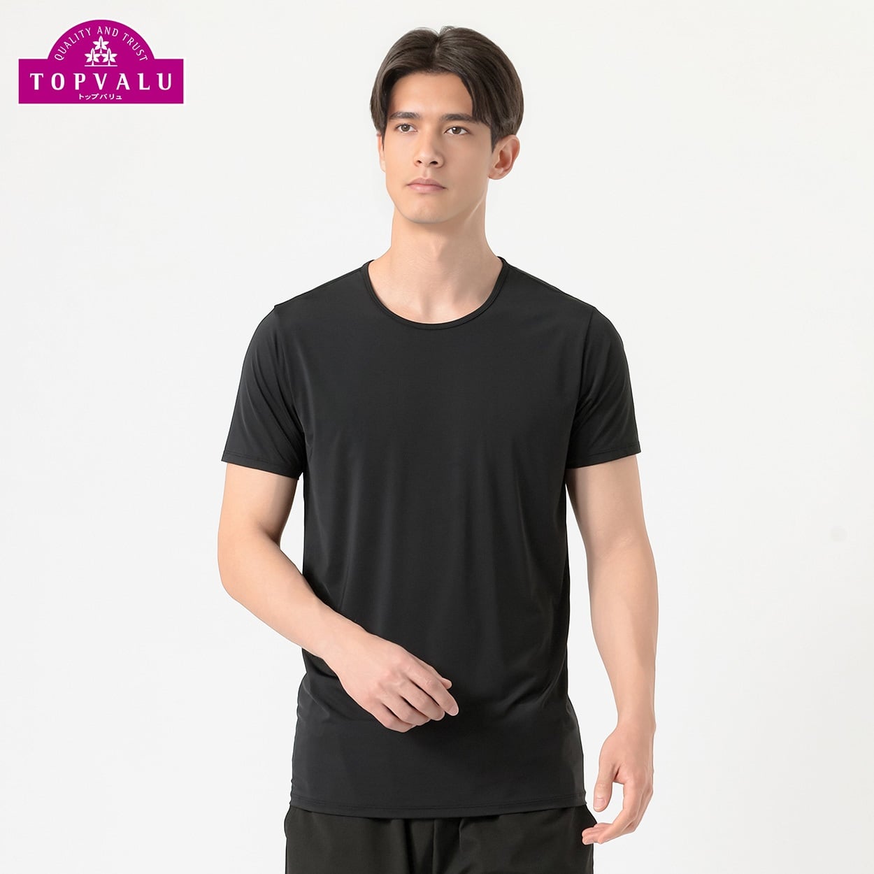 半袖クルーネックシャツ COOL強力接触冷感 UV対策 メンズ トップバリュ PEACE FIT(ピースフィット)(クロ-XL)