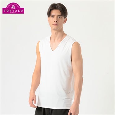 スリーブレスVネックシャツ COOL強力接触冷感 UV対策 メンズ トップバリュ PEACE FIT(ピースフィット)(シロ-S)