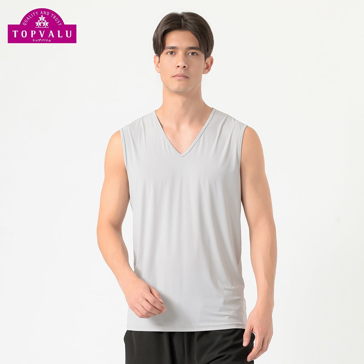 スリーブレスVネックシャツ COOL強力接触冷感 UV対策 メンズ トップバリュ PEACE FIT(ピースフィット)(グレー-S)