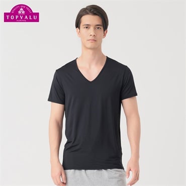 SilkyFACT 半袖Vネックシャツ メンズ トップバリュ PEACE FIT(ピースフィット) (hk)(クロ-S)