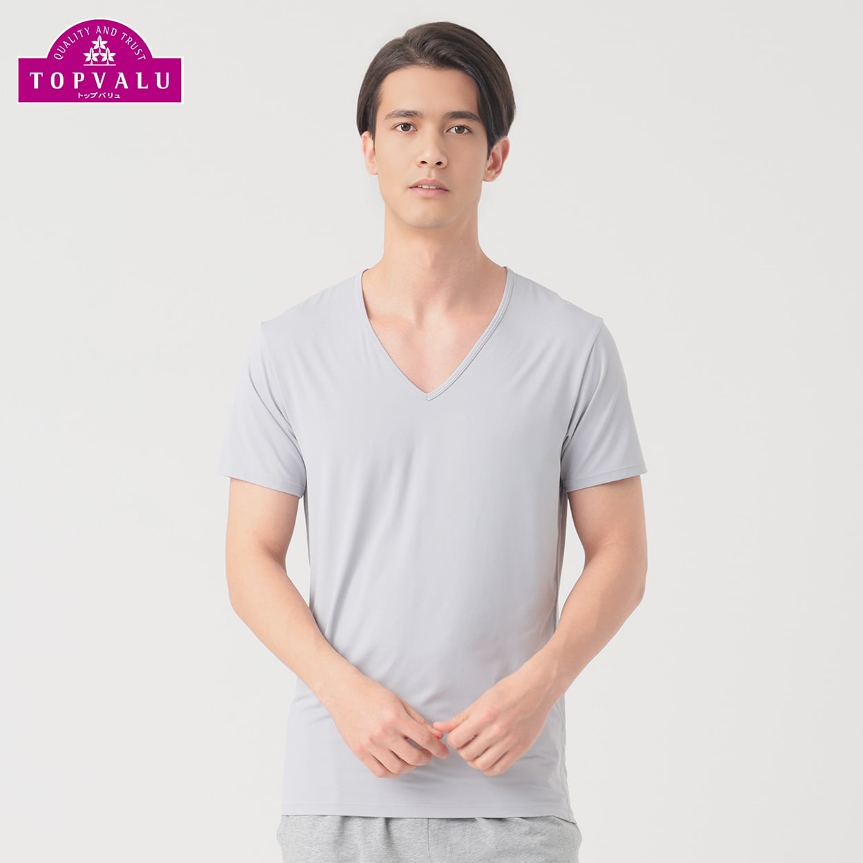 SilkyFACT 半袖Vネックシャツ メンズ トップバリュ PEACE FIT(ピースフィット) (hk)(グレー-3XL)