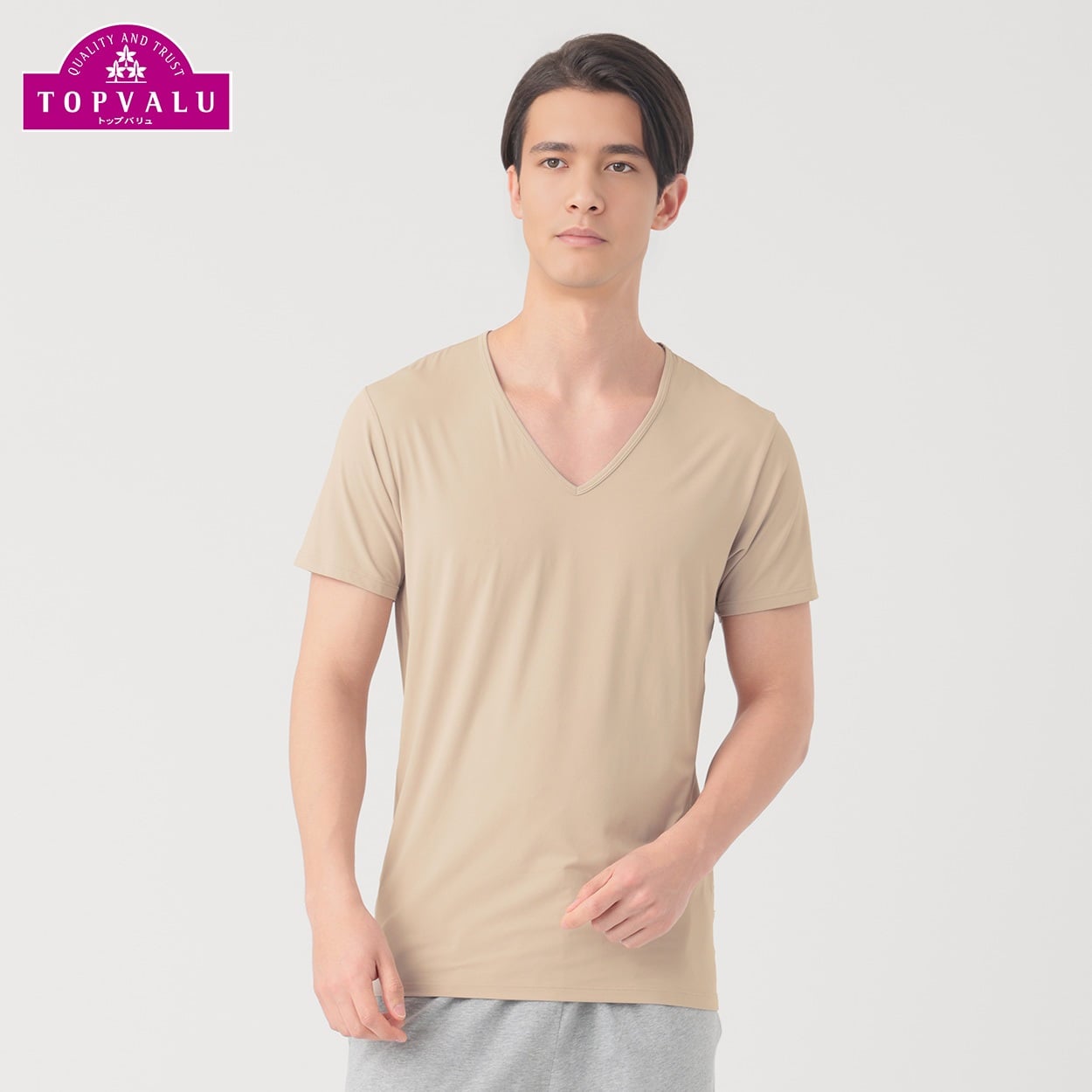 SilkyFACT 半袖Vネックシャツ メンズ トップバリュ PEACE FIT(ピースフィット) (hk)(ベ－ジュ-XL)