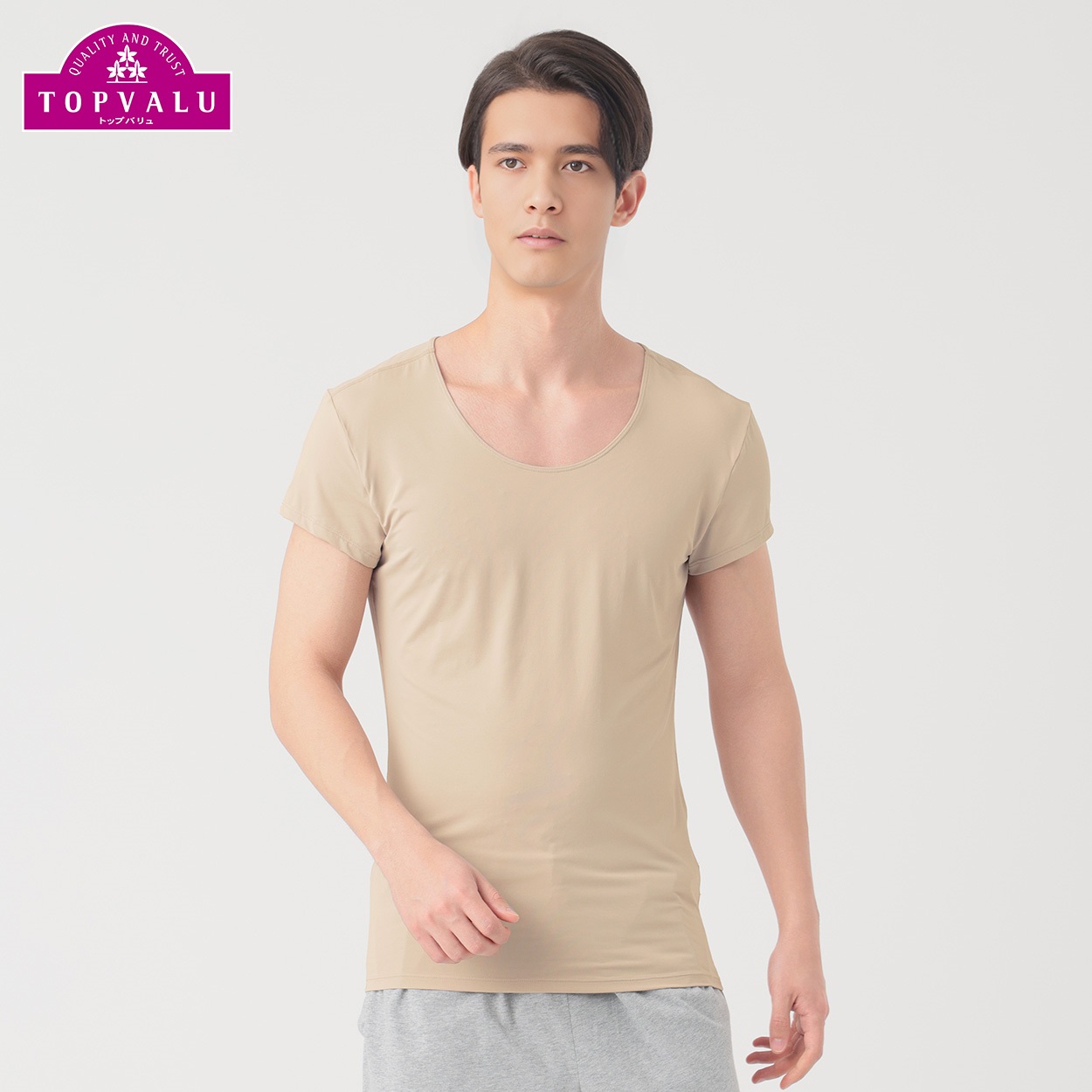 SilkyFACT Under-T 半袖ラウンドネックシャツ わき汗取り付き メンズ トップバリュ PEACE FIT(ピースフィット) (hk)(ベ－ジユ-ＸＬ)