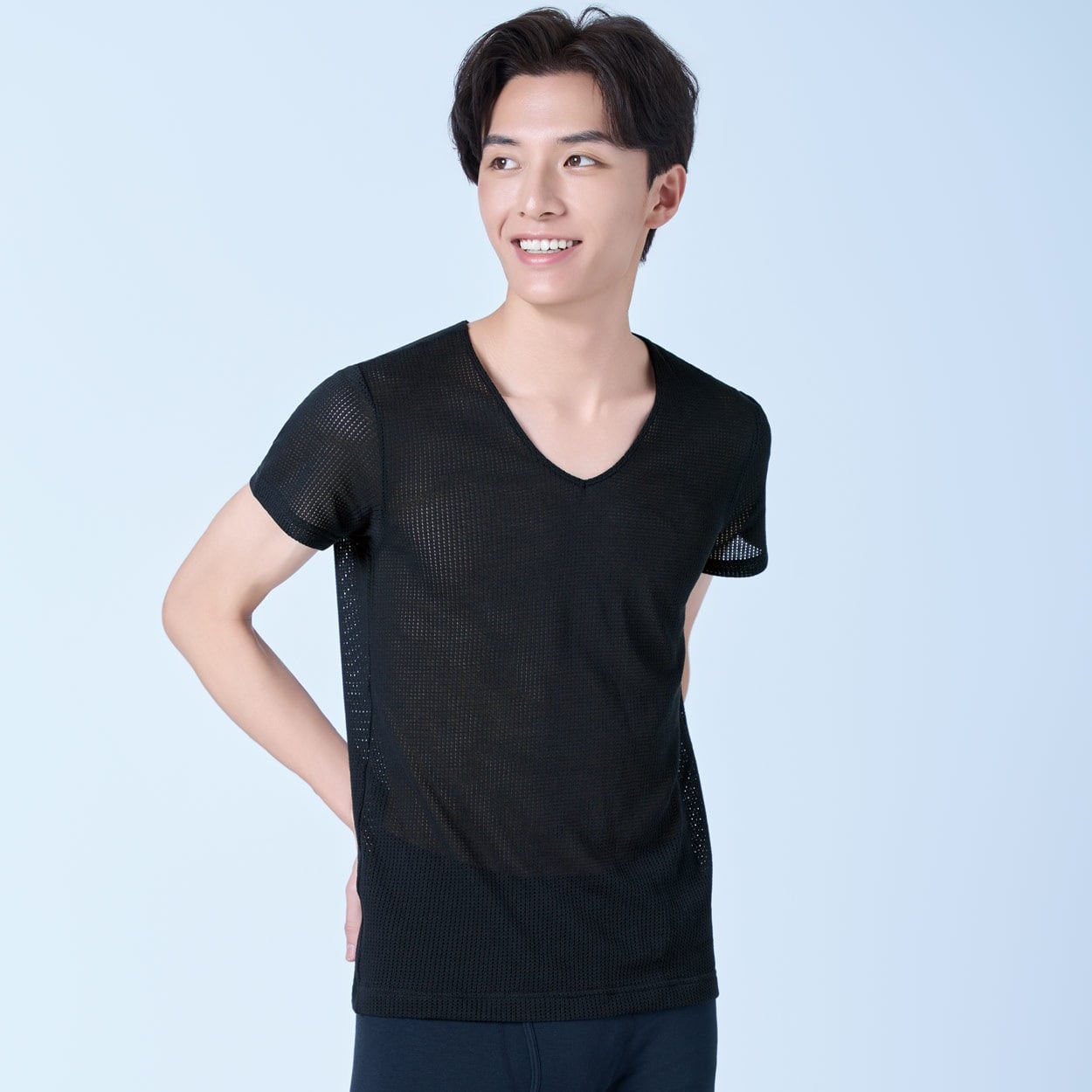 半袖Vネックシャツ COOLメッシュ メンズ トップバリュ PEACE FIT(ピースフィット)(クロ-3XL)