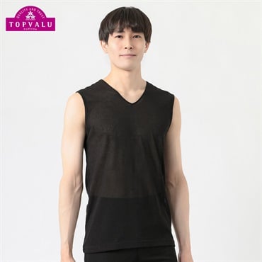 スリーブレスVネックシャツ COOLメッシュ メンズ トップバリュ PEACE FIT(ピースフィット)(クロ-M)