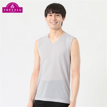 スリーブレスVネックシャツ COOLメッシュ メンズ トップバリュ PEACE FIT(ピースフィット)(グレー-M)
