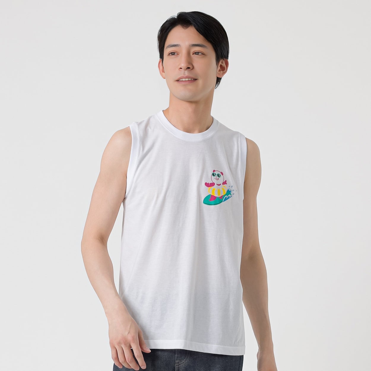 ナツパンダ スリーブレスクルーネックシャツ サーフィン メンズ(シロ-XL)