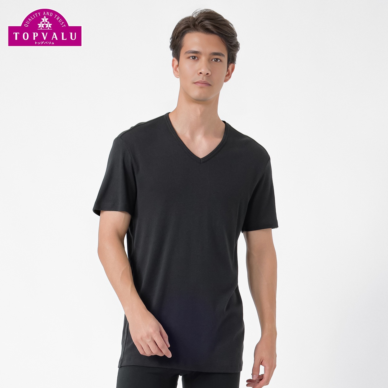 PEACE FIT WARMコットン100％ 半袖Vネックシャツ メンズ トップバリュ PEACE FIT(ピースフィット)(クロ-３ＸＬ)