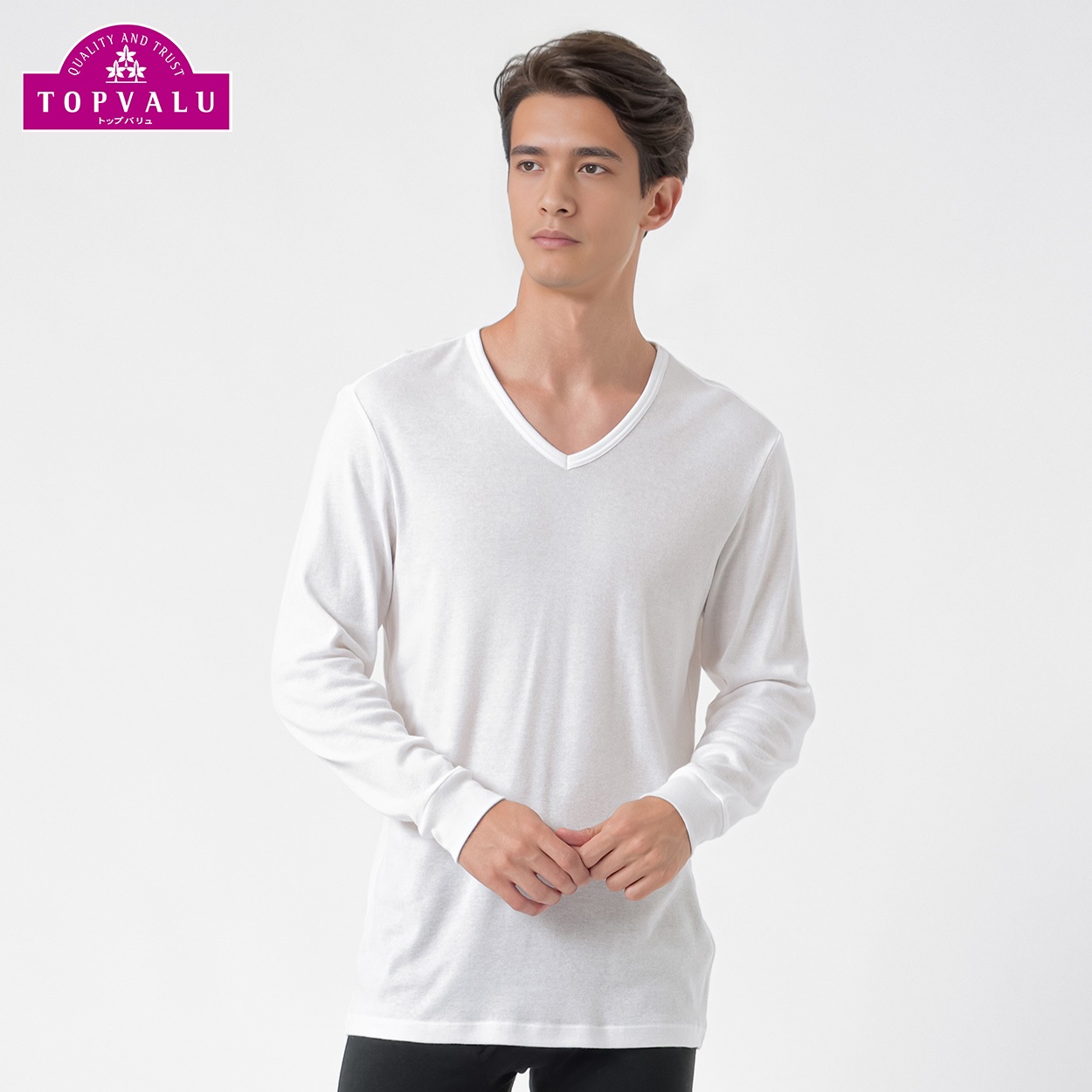 PEACE FIT WARMコットン100％ 9分袖Vネックシャツ メンズ トップバリュ PEACE FIT(ピースフィット)(シロ-４ＸＬ)