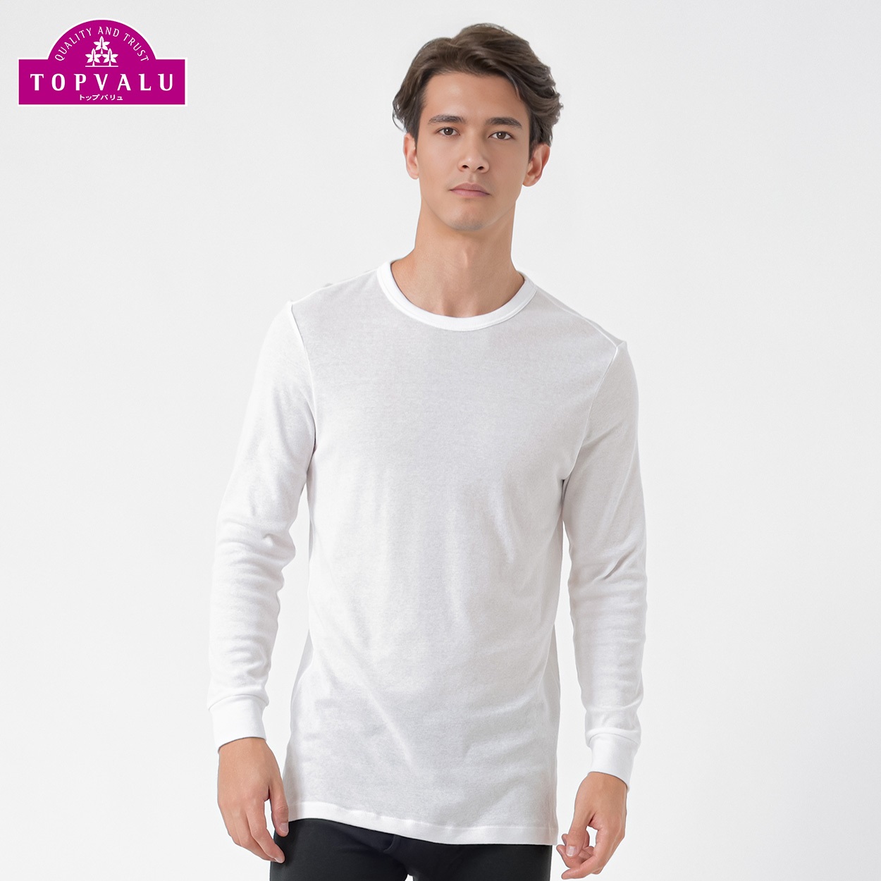PEACE FIT WARMコットン100％ 9分袖クルーネックシャツ メンズ トップバリュ PEACE FIT(ピースフィット)(シロ-Ｍ)