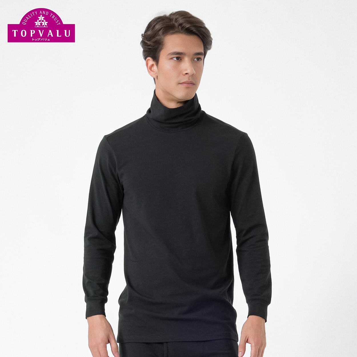 PEACE FIT WARMコットンブレンドストレッチ 9分袖タートルネックシャツ メンズ トップバリュ PEACE FIT(ピースフィット)(クロ-２ＸＬ)