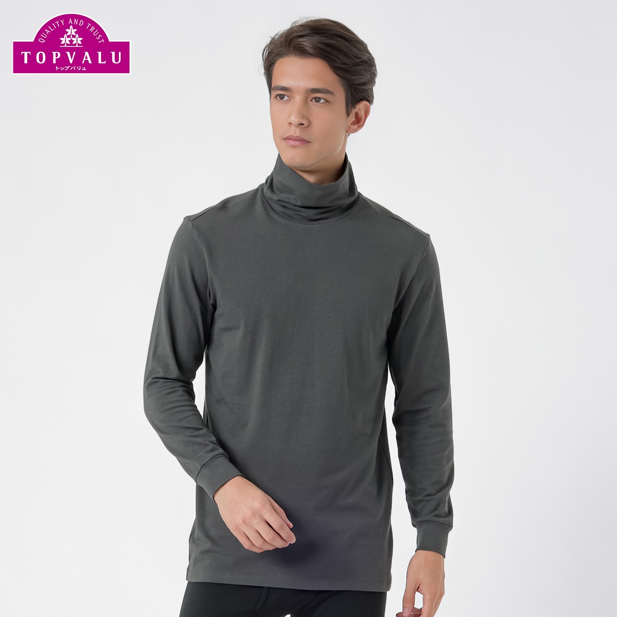 PEACE FIT WARMコットンブレンドストレッチ 9分袖タートルネックシャツ メンズ トップバリュ PEACE FIT(ピースフィット)(チヤコ－ルグレ－-２ＸＬ)
