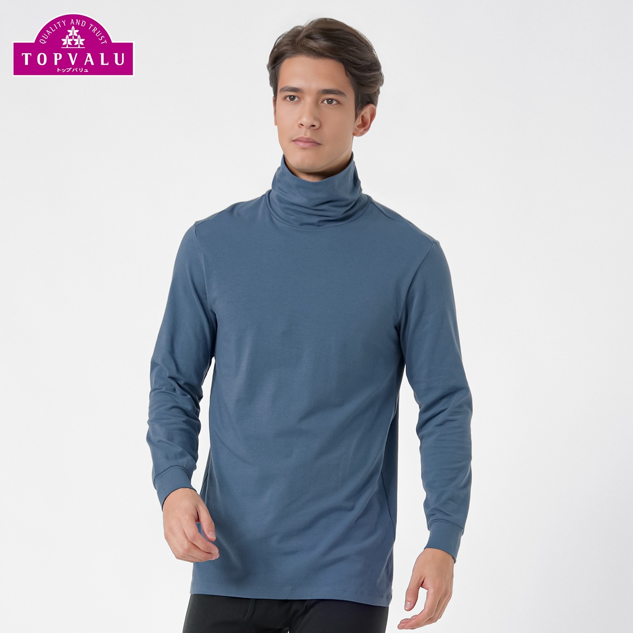PEACE FIT WARMコットンブレンドストレッチ 9分袖タートルネックシャツ メンズ トップバリュ PEACE FIT(ピースフィット)(ウスアオ-Ｌ)